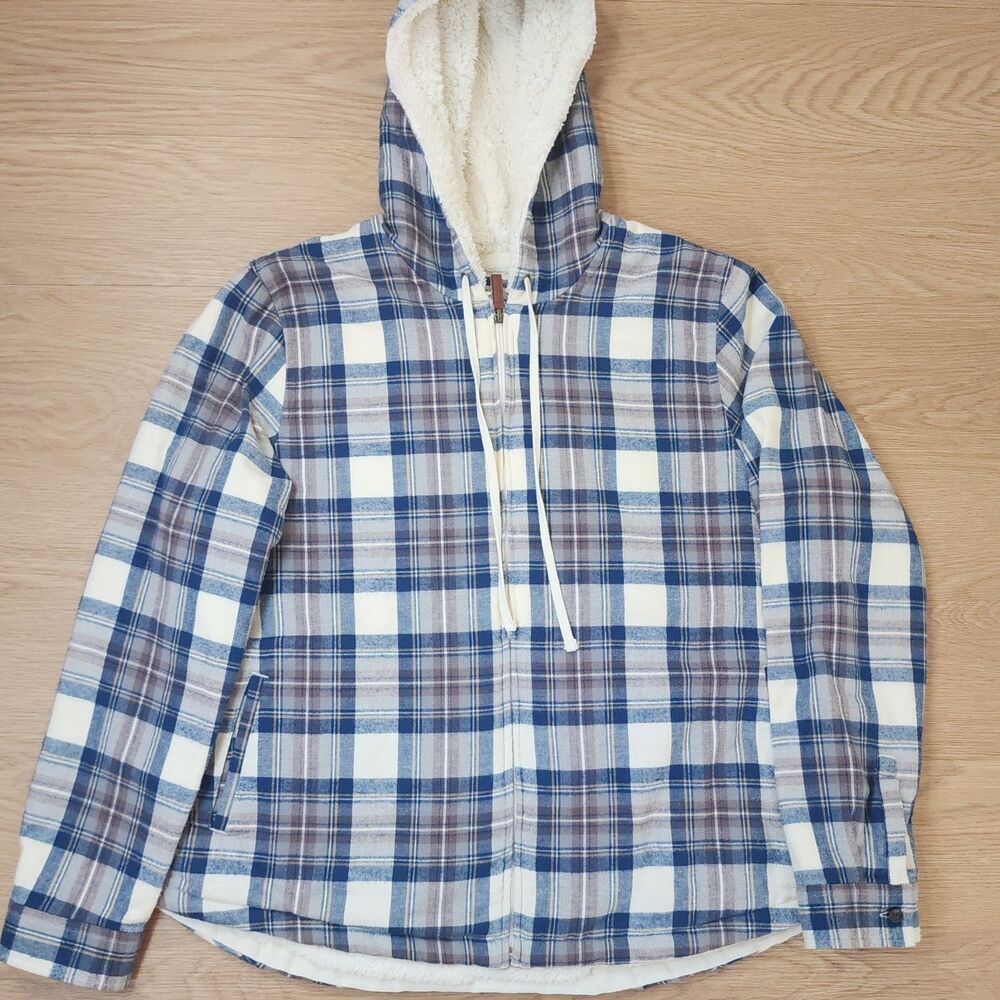 LL Bean Sherpa Lined Flannel Shirt Womens XL Blue Plaid Cozy Warm Jacket Hooded
